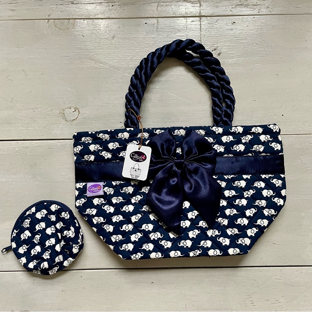 Set Elephant Navy Purse & Round Zip Accessory Pouch Rope Handles Bow NWT Quilted